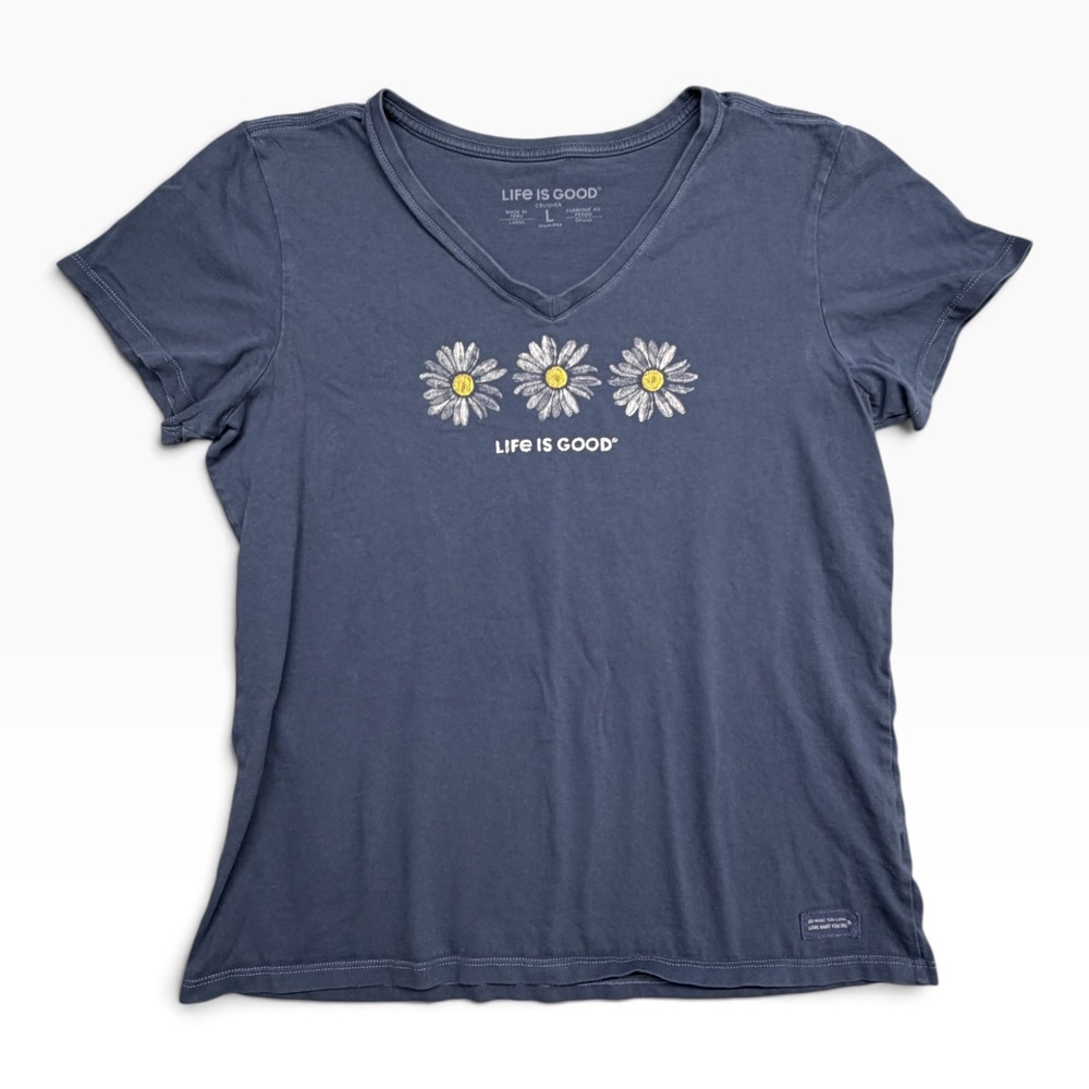 Life is Good Womens Crusher Tee V-Neck Daisy Floral Graphic T-Shirt Navy Blue L